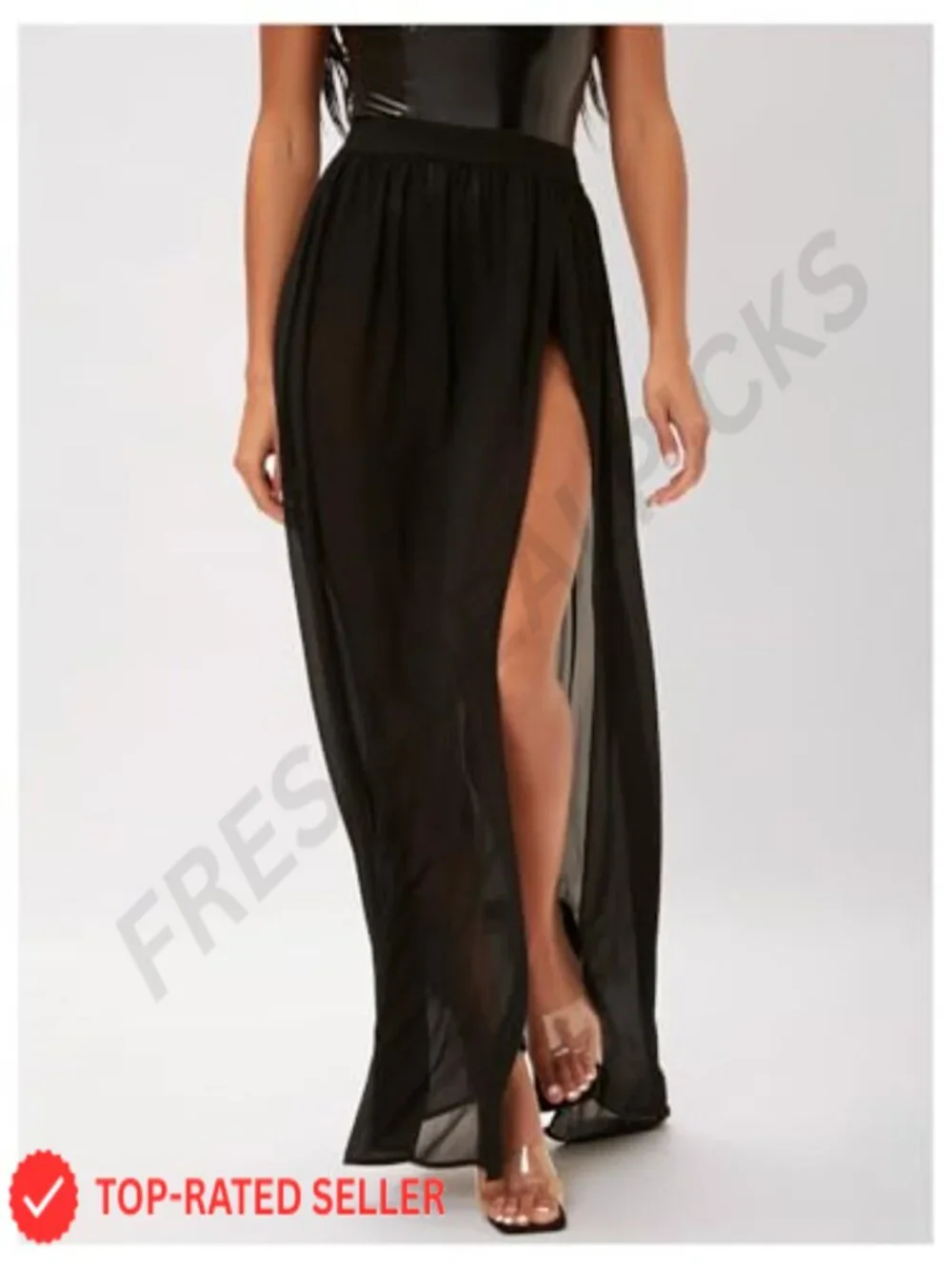 Mesh Sheer Ruffle Maxi Skirt High Waist See Through Thigh Split Long - Picture 3 of 5